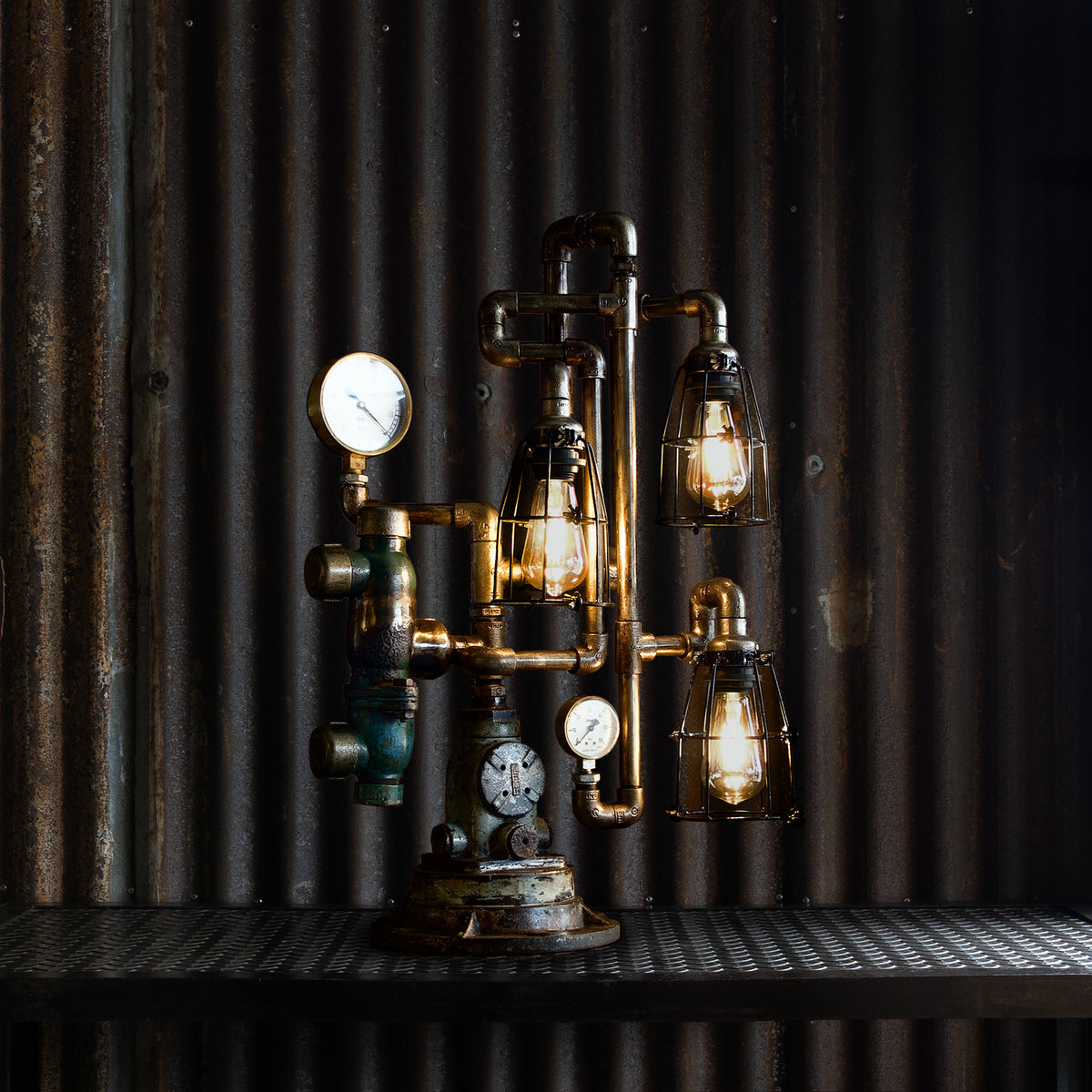 Smelter industrial table lamp handmade from reclaimed ship pipes, view 2