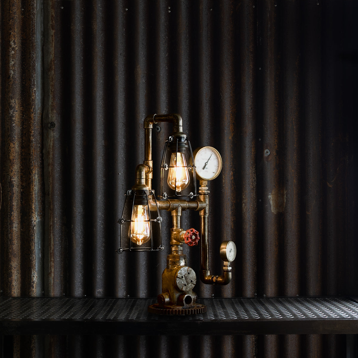 Crankshaft industrial table lamp handmade from reclaimed ship pipes, view 2