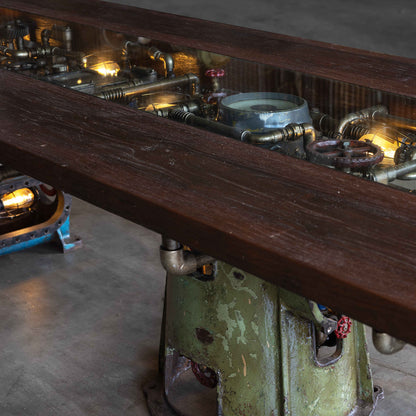 Kingpin industrial table with wood top and salvaged metal base, view 3