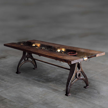 Ironbridge industrial table with wood top and salvaged metal base