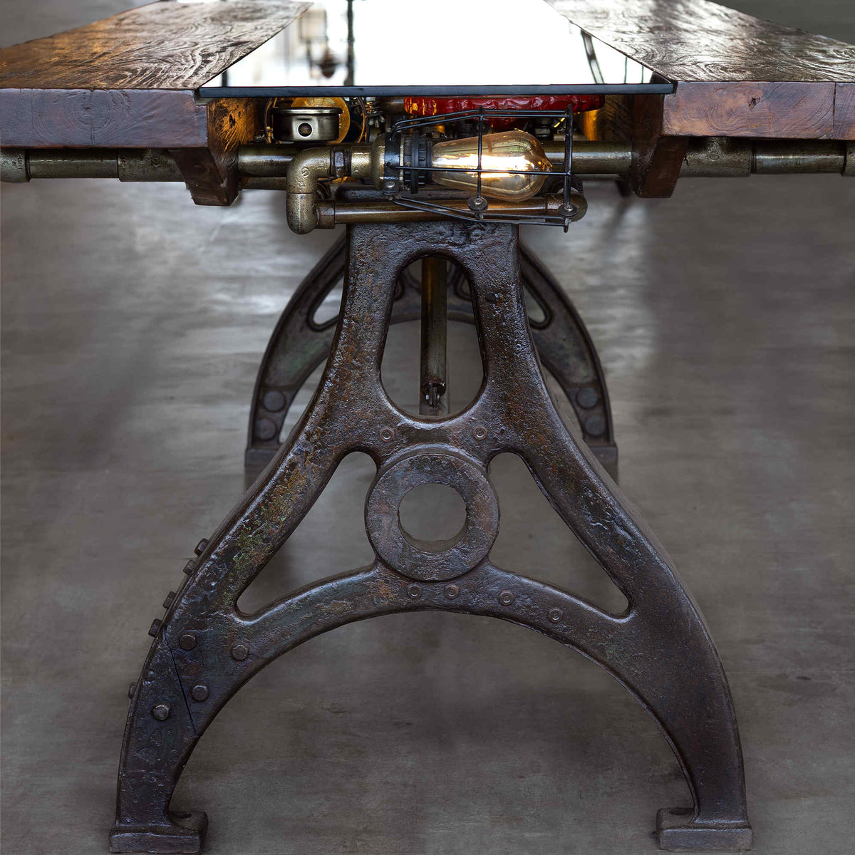 Ironbridge industrial table with wood top and salvaged metal base, view 2