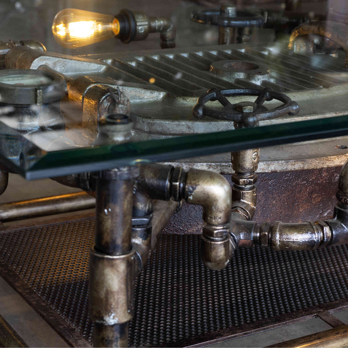 Coldforge industrial table with wood top and salvaged metal base, view 2