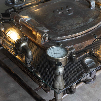 Groundswell industrial table with wood top and salvaged metal base, view 2