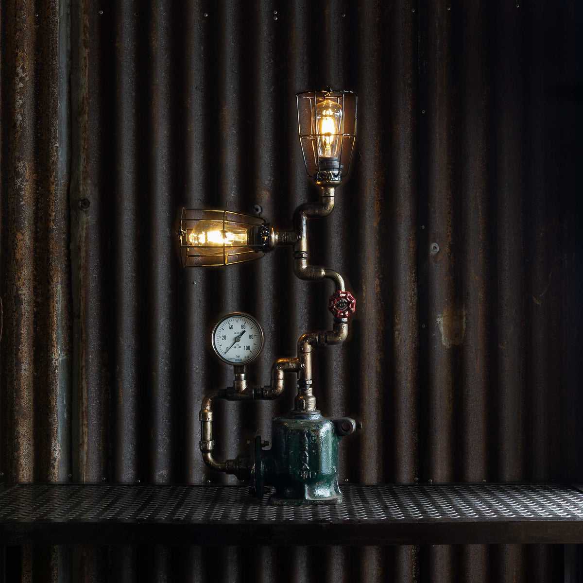 Gantry industrial table lamp handmade from reclaimed ship pipes