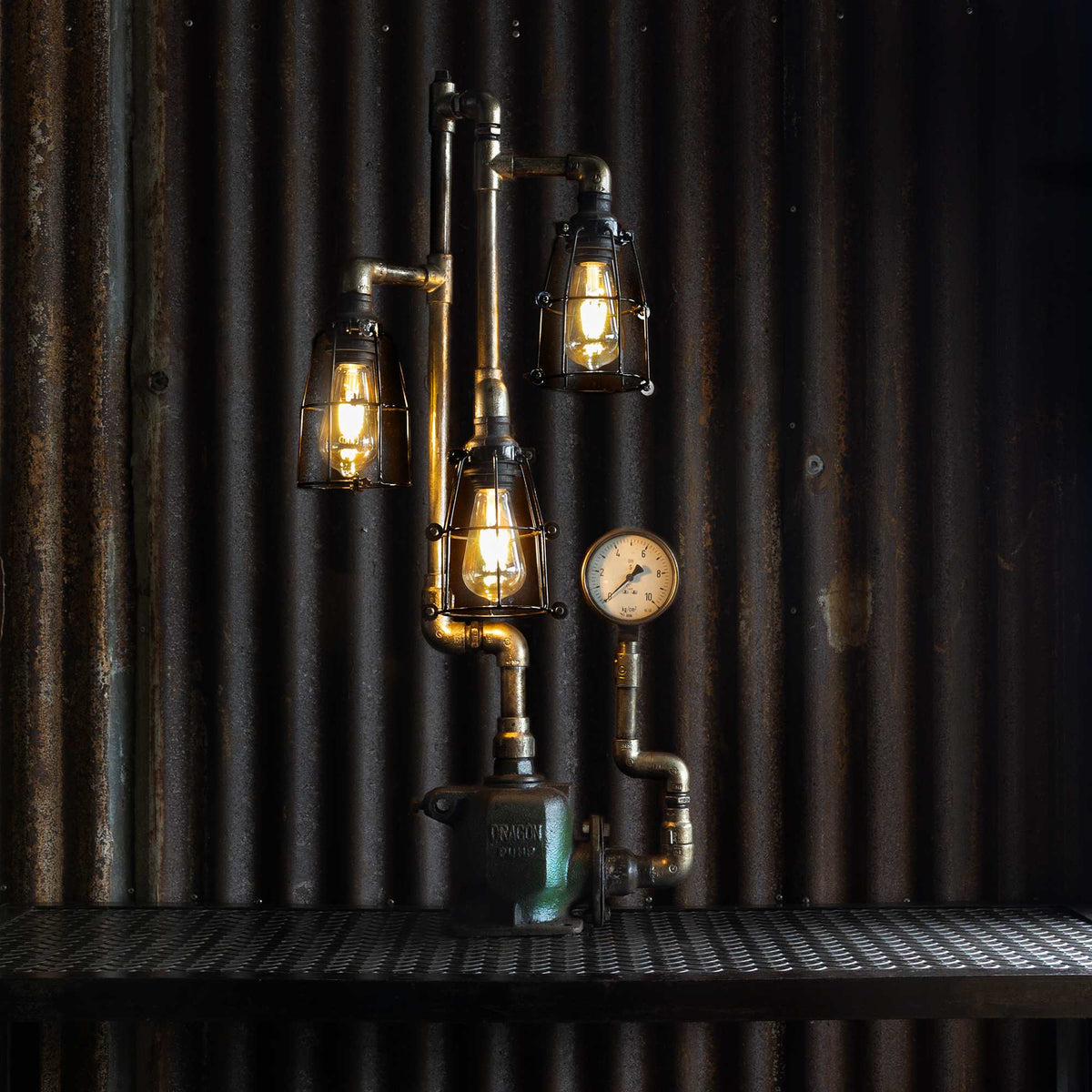 Cluster industrial table lamp handmade from reclaimed ship pipes