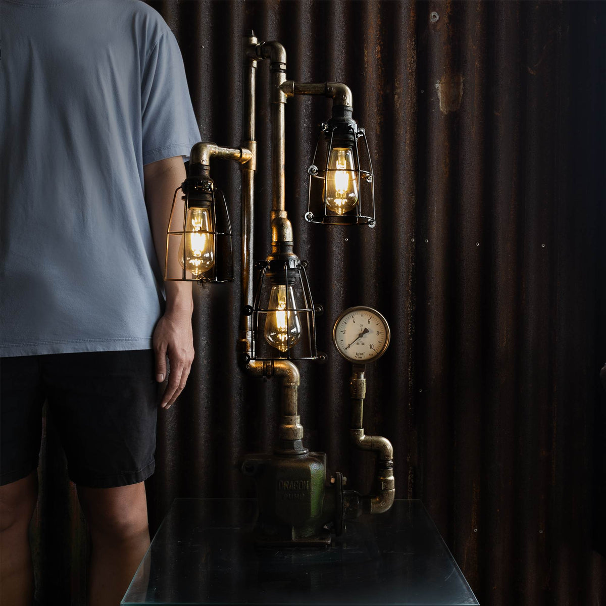 Cluster industrial table lamp handmade from reclaimed ship pipes, view 2
