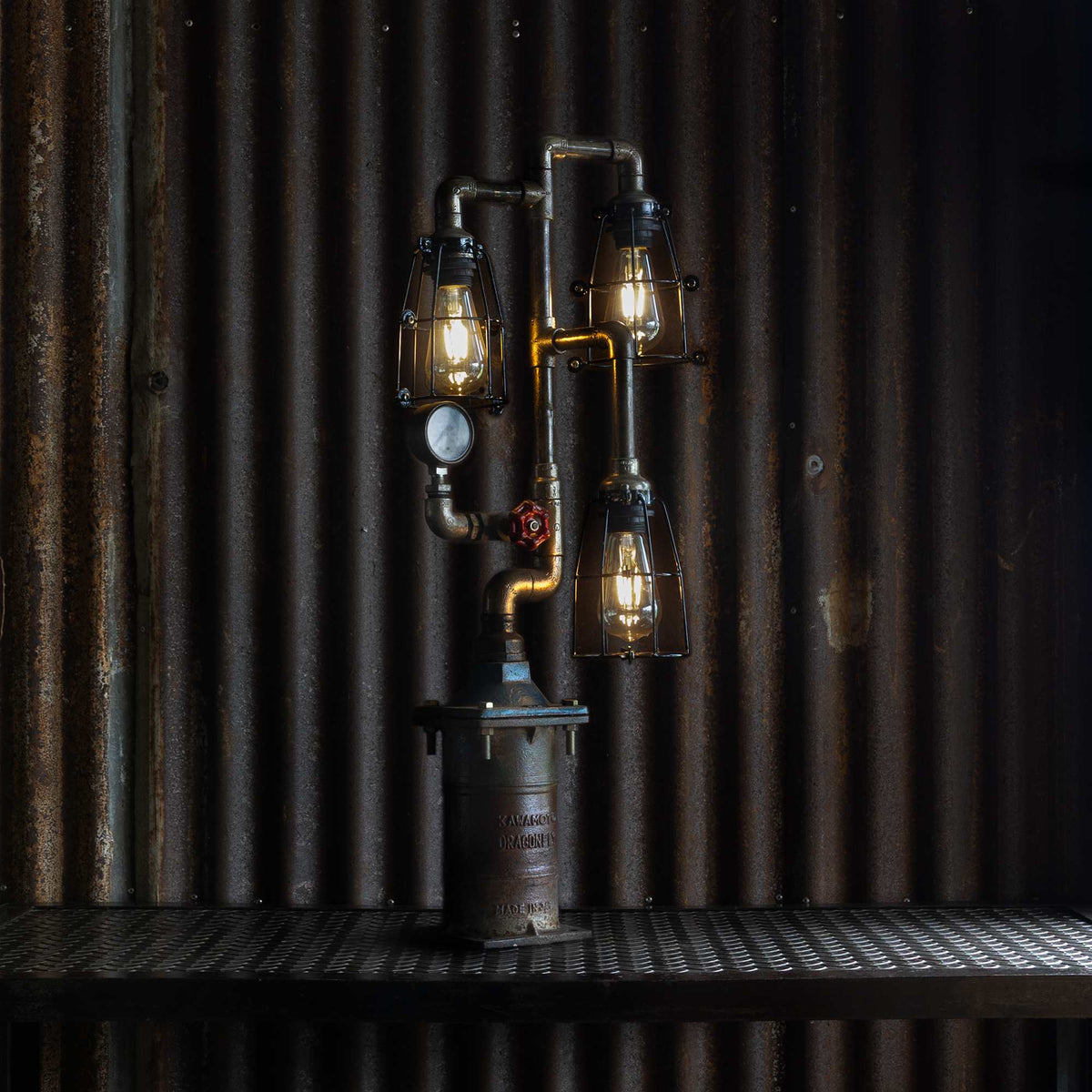 Switchyard industrial table lamp handmade from reclaimed ship pipes, view 2