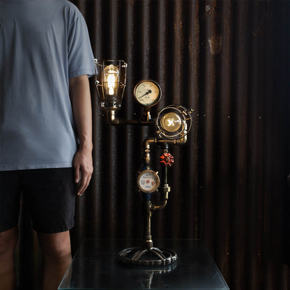 Throttle industrial table lamp handmade from reclaimed ship pipes, view 3