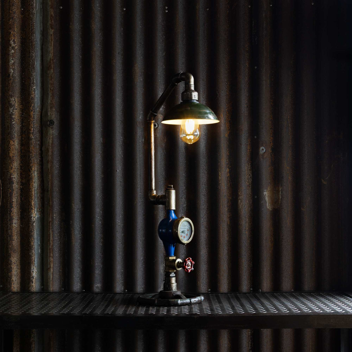 Longstem industrial table lamp handmade from reclaimed ship pipes, view 2