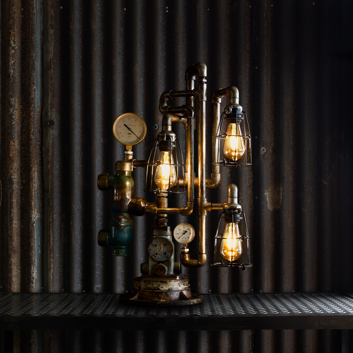 Smelter industrial table lamp handmade from reclaimed ship pipes