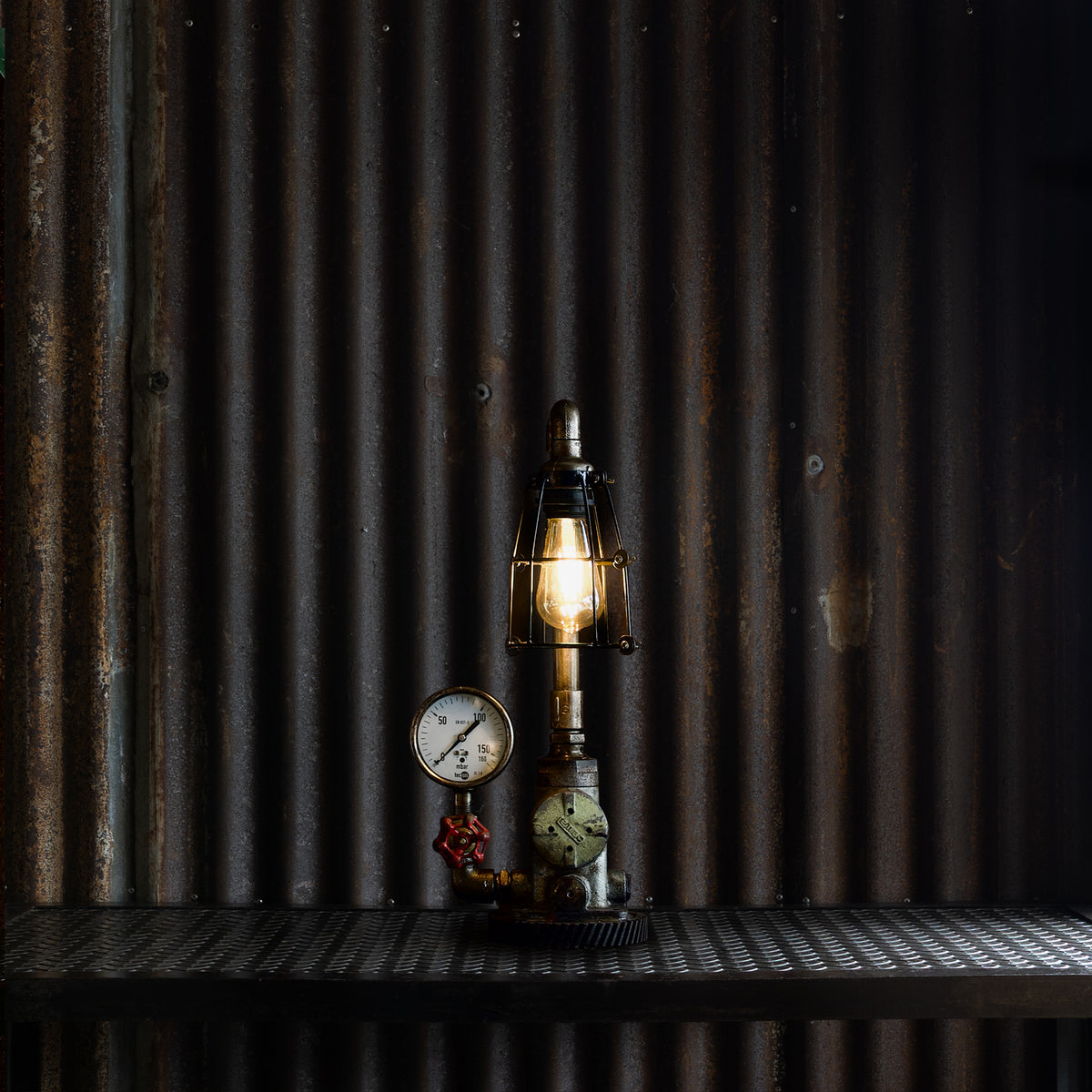 Forgelit industrial table lamp handmade from reclaimed ship pipes