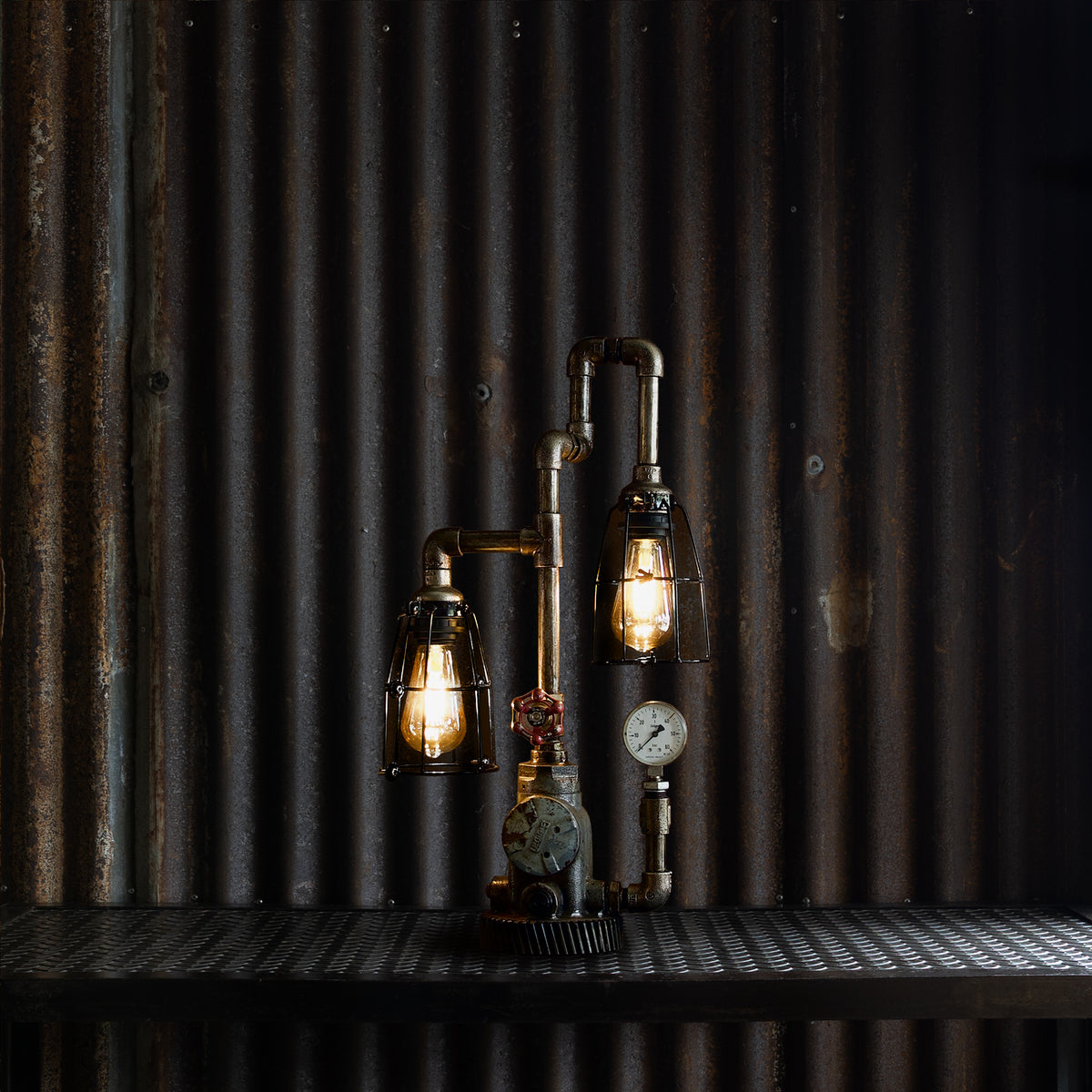 Crucible industrial table lamp handmade from reclaimed ship pipes