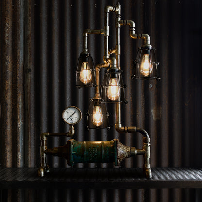 Manifold industrial table lamp handmade from reclaimed ship pipes