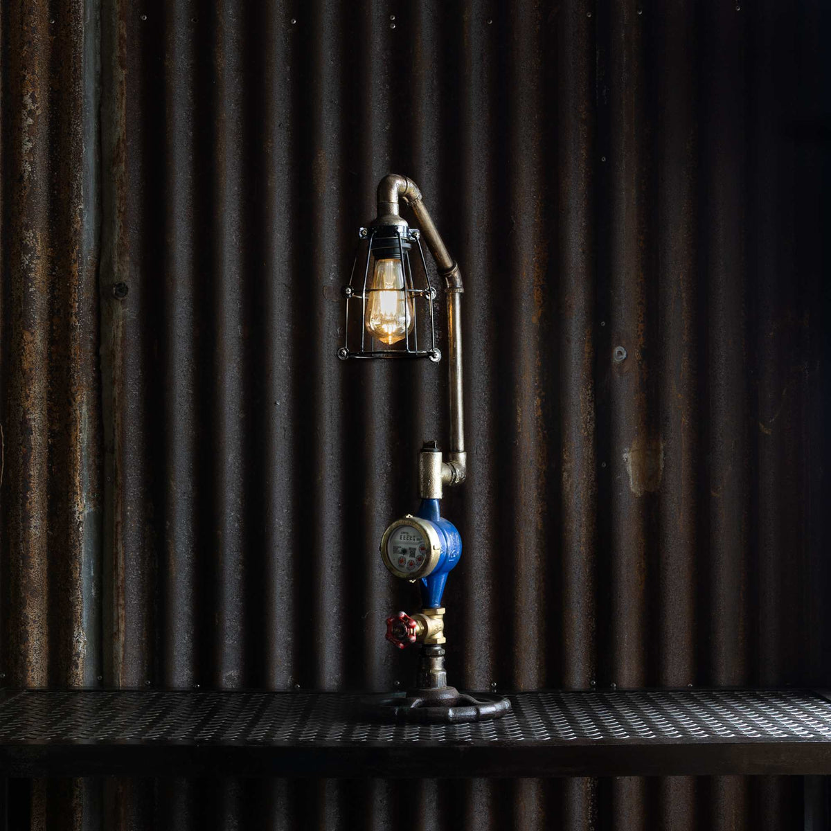 Cobalt industrial table lamp handmade from reclaimed ship pipes