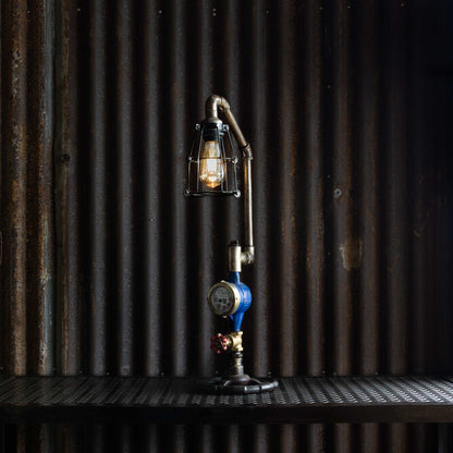 Cobalt industrial table lamp handmade from reclaimed ship pipes