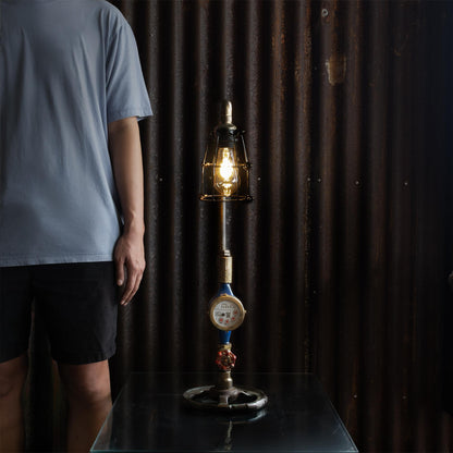 Cobalt industrial table lamp handmade from reclaimed ship pipes, view 2