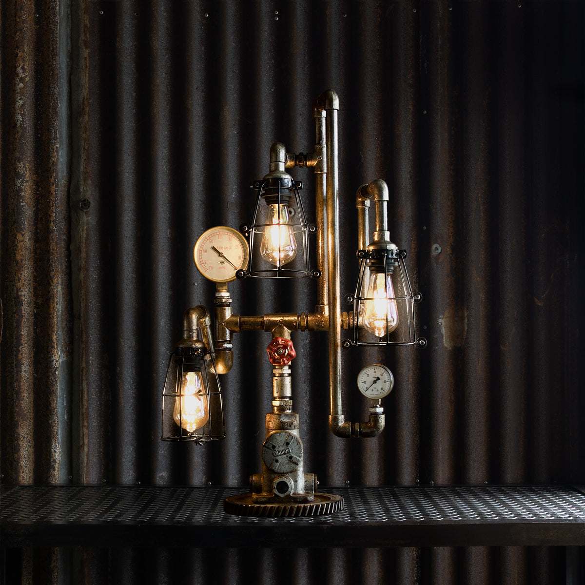 Yardmaster industrial table lamp handmade from reclaimed ship pipes