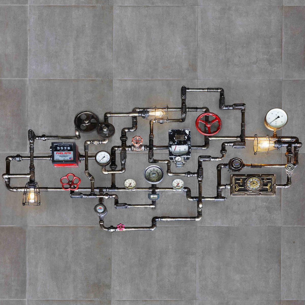 Vessel industrial wall art made from reclaimed ship valves and gauges