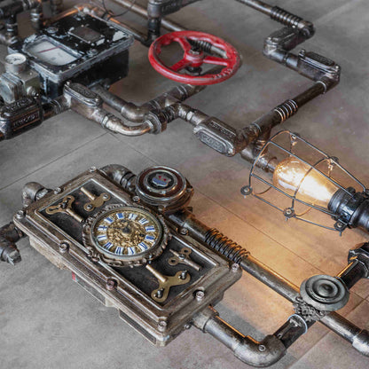 Vessel industrial wall art made from reclaimed ship valves and gauges, view 2